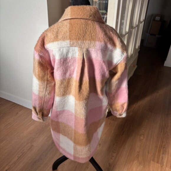 Old Navy NWOT Pink Plaid Wool Blend Heavy Oversized Shacket S - Picture 3 of 7